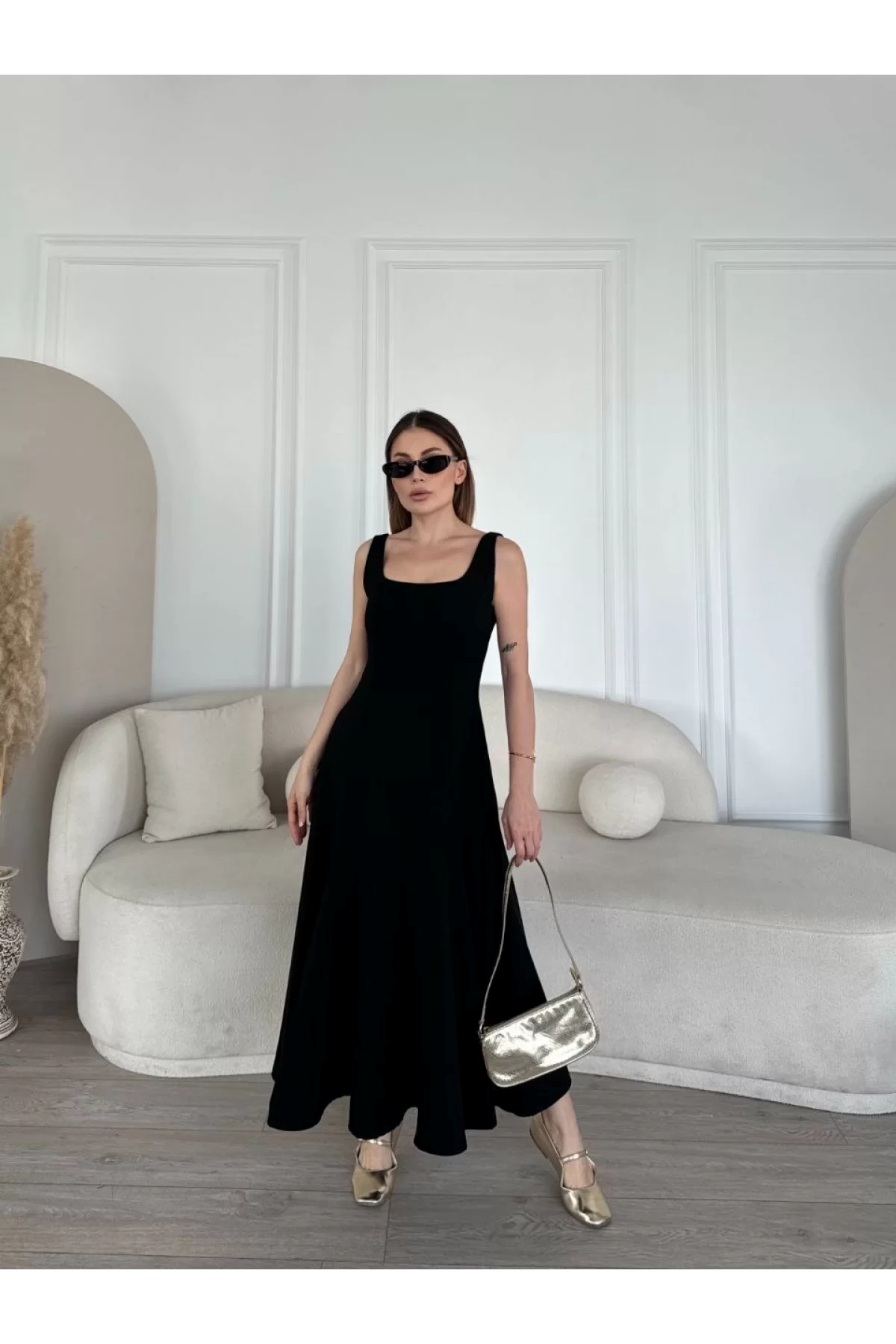 Kare yaka maxi boy elbise