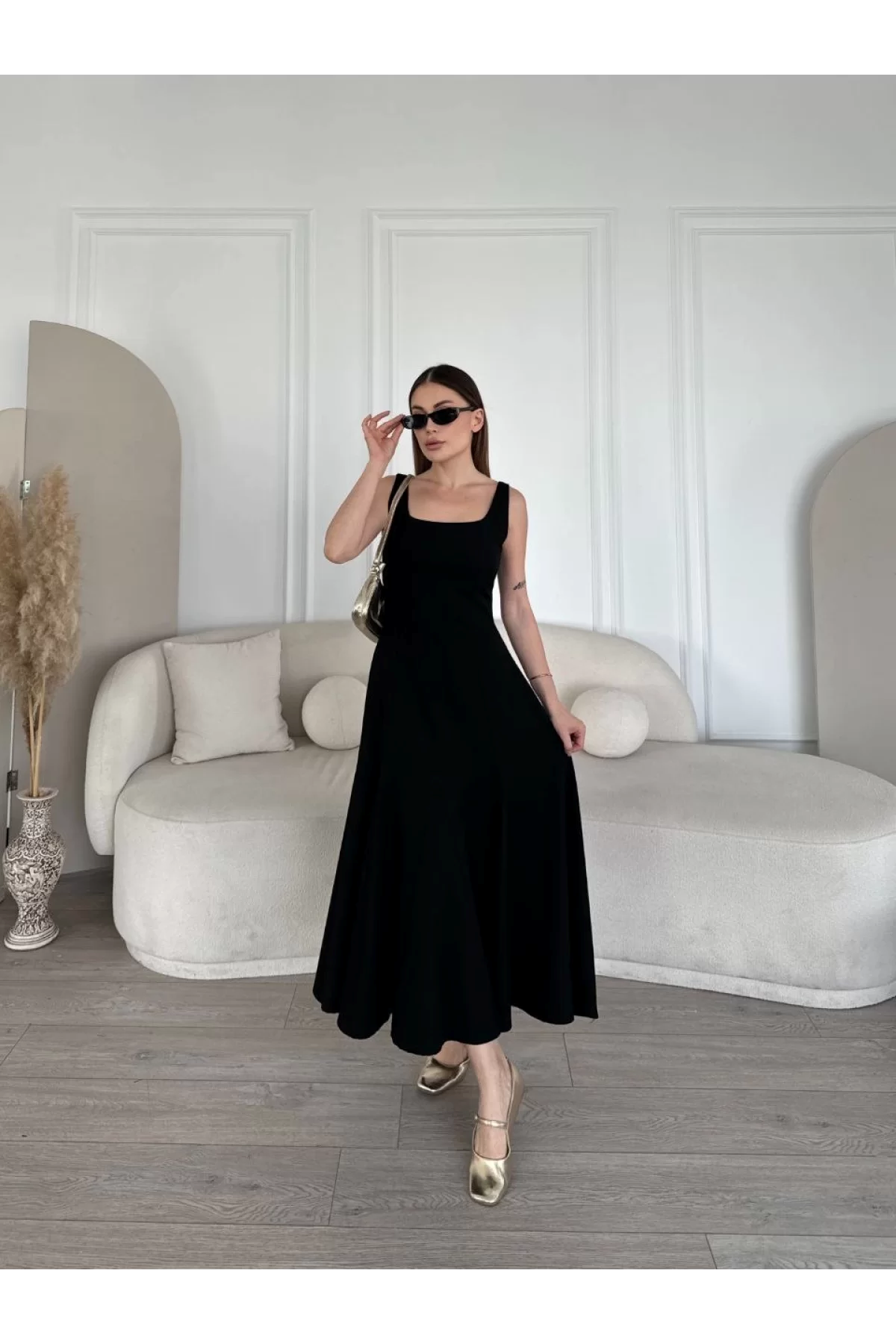 Kare yaka maxi boy elbise